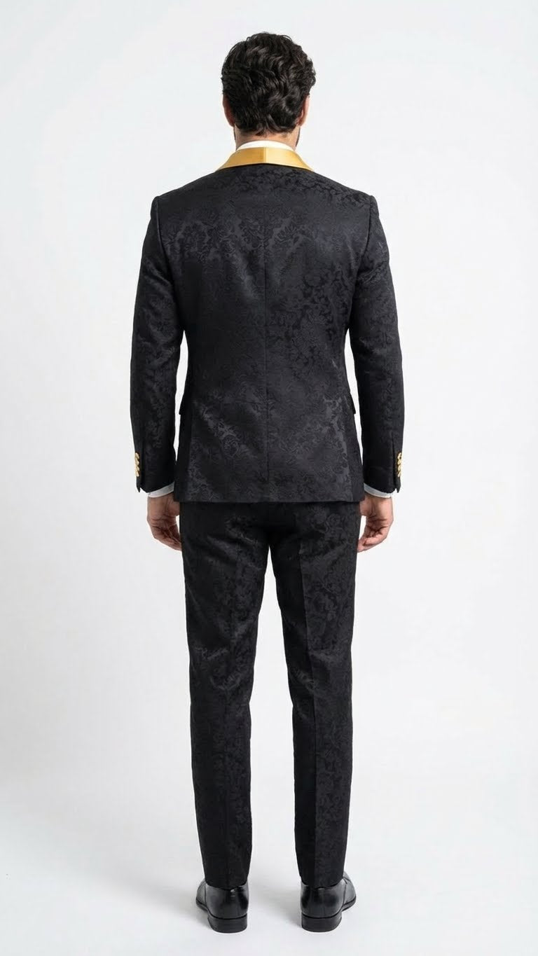Men’s Black and Gold Jacquard Tuxedo Suit – Luxury Slim Fit Formal Wedding, Prom, and Gala Outfit