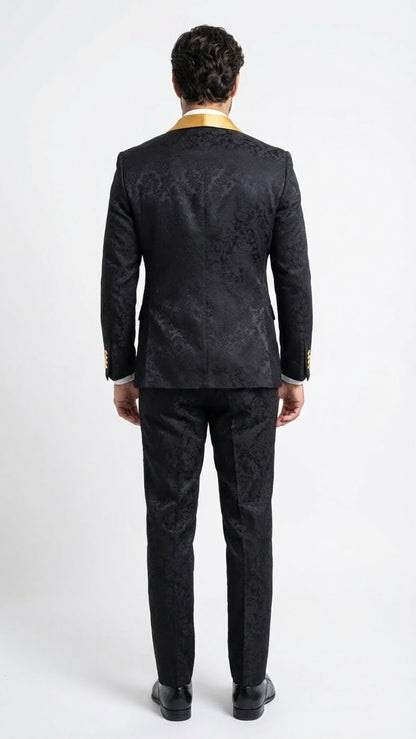 Men’s Black and Gold Jacquard Tuxedo Suit – Luxury Slim Fit Formal Wedding, Prom, and Gala Outfit