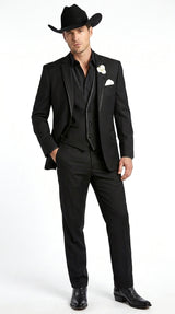 Men’s Black Western Tuxedo Suit, 3 Piece Cowboy Formal Wedding Prom Suit with Satin Trim