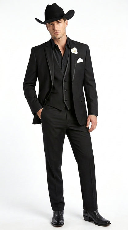 Men’s Black Western Tuxedo Suit, 3 Piece Cowboy Formal Wedding Prom Suit with Satin Trim
