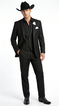 Men’s Black Western Tuxedo Suit, 3 Piece Cowboy Formal Wedding Prom Suit with Satin Trim