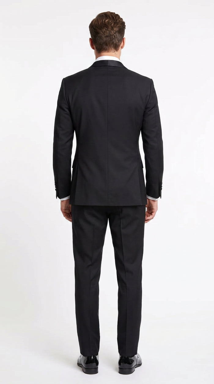 Men’s Black Double Breasted Evening Wear Suit with Satin Shawl Lapel and Red Pocket Square  Modern Fit