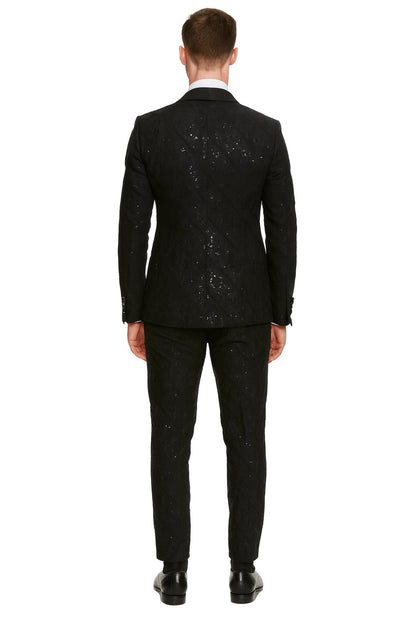 Black Sequin Tuxedo Suit with Satin Shawl Lapel – Mens Slim Fit Formal Prom and Wedding Attire - Image 2
