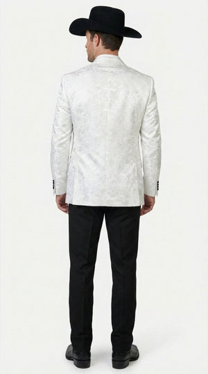 Men’s White Paisley Cowboy Tuxedo with Black Satin Lapel – Western Formal Wedding Suit Jacket