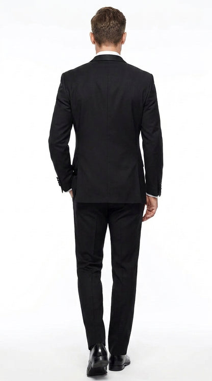 Men’s Black Uniform Tuxedo – One-Button Satin Lapel Formal Suit for Weddings, Prom and Events