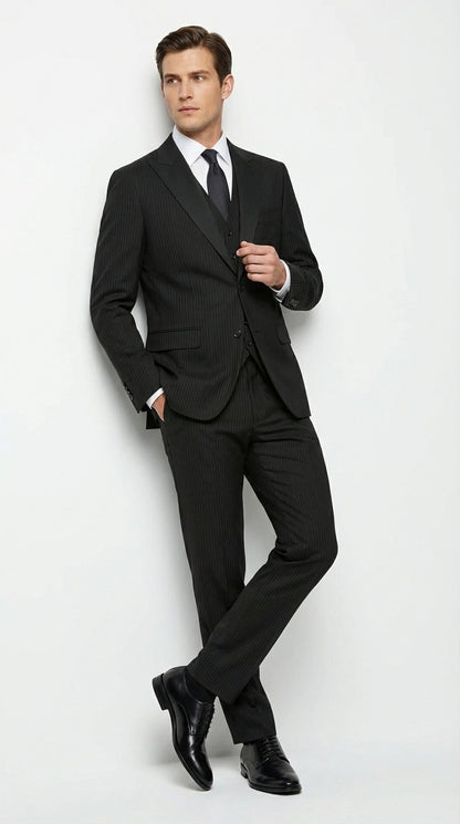 Vitali Mens Black Tone on Tone Shadow Stripe Vested Suit Set – 3 Piece Modern Fit Pinstripe Two Buttons Modern Fit