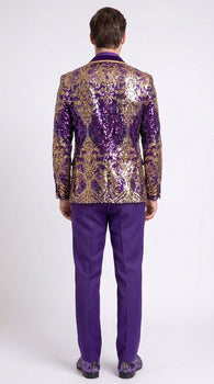 Men’s Purple and Gold Sequin Suit with Pants – Luxury Prom, Wedding and Party Blazer