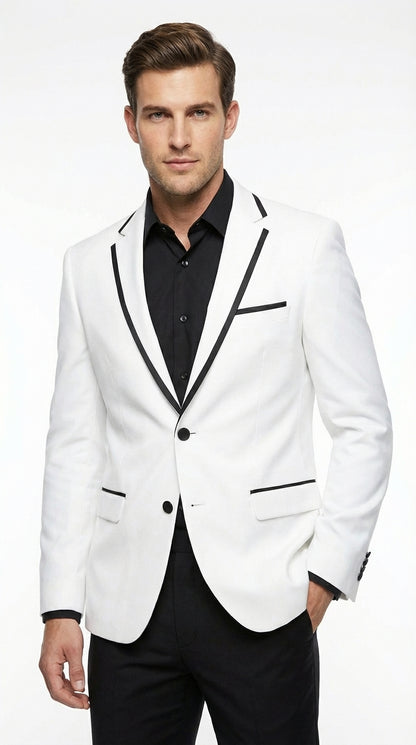 Men’s White Disco Blazer 70s Era Costume Jacket – Black Trim Retro Party Blazer, Vintage Dance Outfit, Stylish Evening Themed Wear