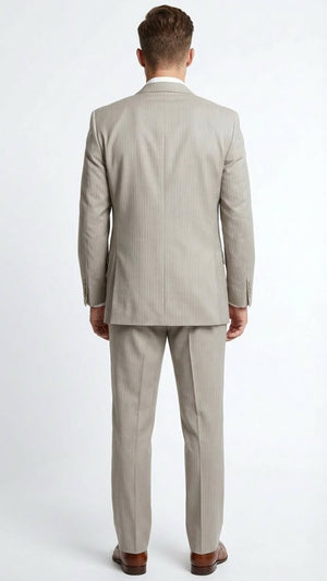 Men’s Light Tan Pinstripe 3 Piece Suit with Jacket, Vest, and Pants | Shadow Stripe Tone Tone Pleated Pants Classic