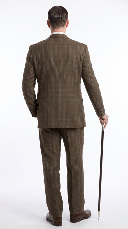 Men’s Edwardian Brown Plaid 3-Piece Suit – Vintage Double-Breasted Vest Wedding and Formal Suit Modern Fit