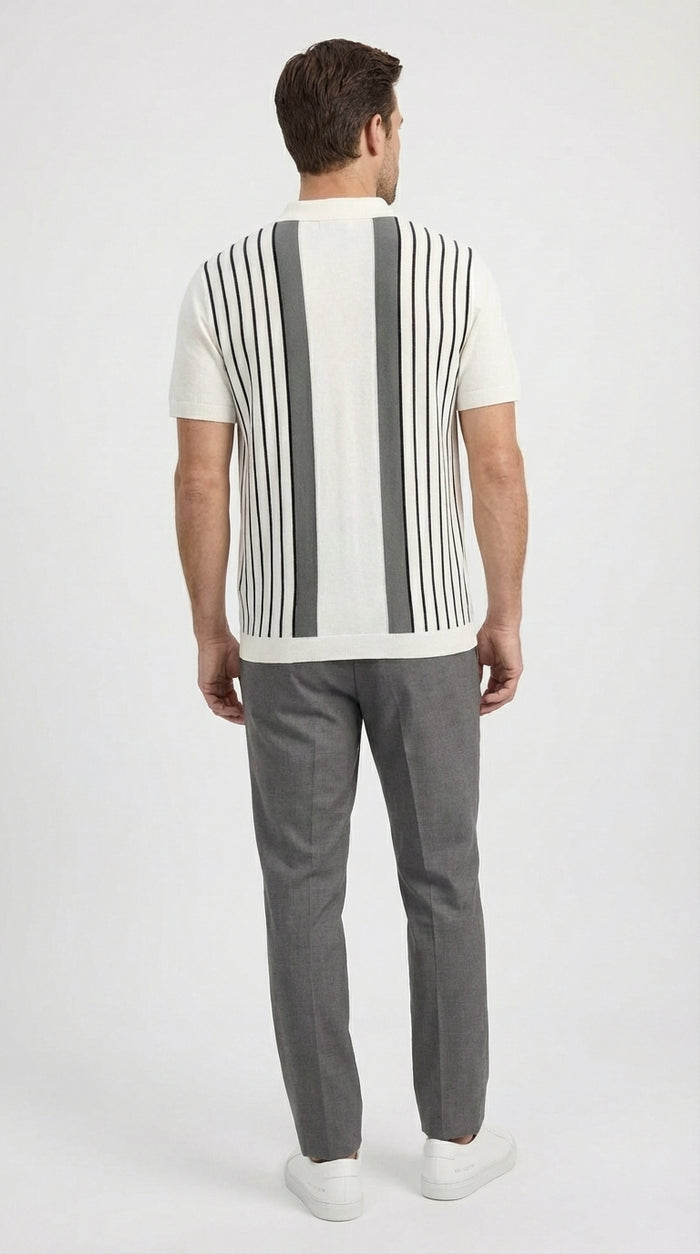 Mens White and Charcoal Gray Stripe Walking Suit Plus Matching Pants – Short Sleeve Button Shirt and Pants Casual Summer Outfit for Travel, Vacation and Everyday Wear