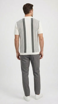 Mens White and Charcoal Gray Stripe Walking Suit Plus Matching Pants – Short Sleeve Button Shirt and Pants Casual Summer Outfit for Travel, Vacation and Everyday Wear