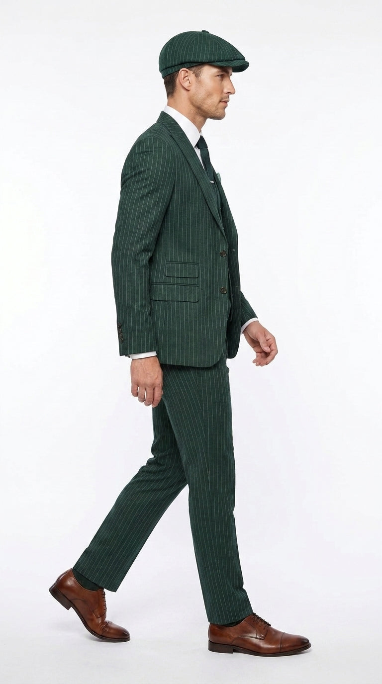 Men’s Hunter Green Pinstripe 3-Piece Suit – Vintage Wedding, Prom and Formal Suit with Matching Vest Modern Fit