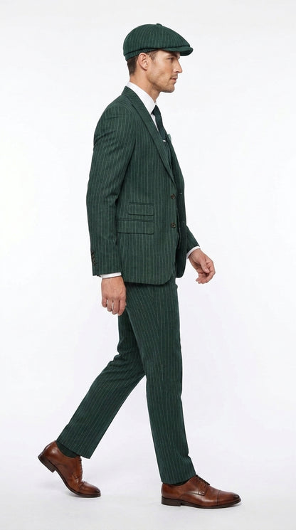 Men’s Hunter Green Pinstripe 3-Piece Suit – Vintage Wedding, Prom and Formal Suit with Matching Vest Modern Fit