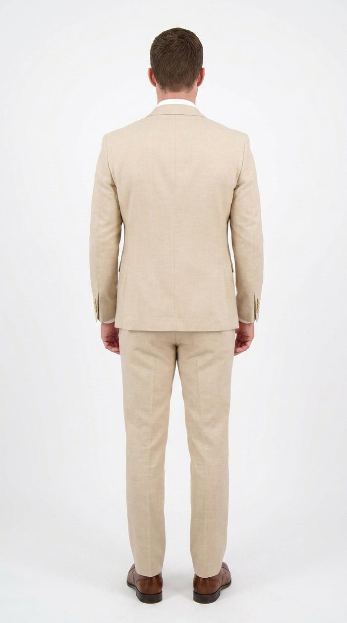 Men’s Khaki Tan 3-Piece Groomsmen Suit – Wedding Suit with Double-Breasted Vest and Pants Great Gatsby Style Gold buttons Modern Fit