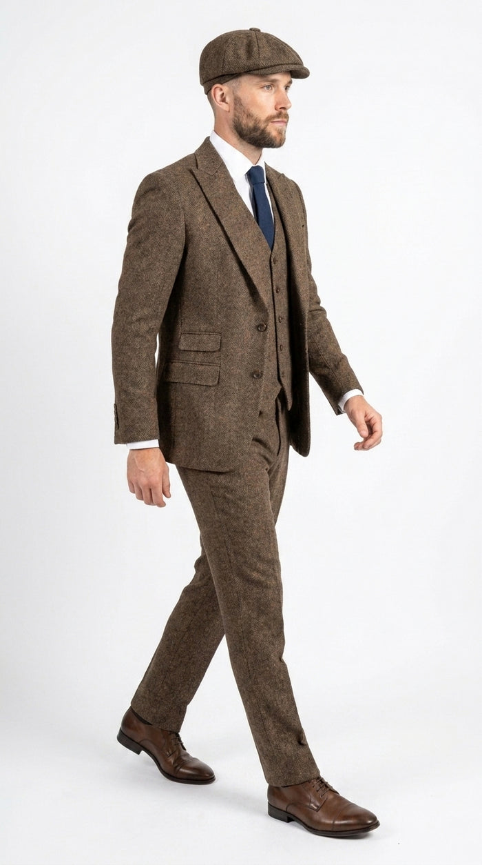 Peaky Blinder Men’s Brown Tweed 3-Piece Suit – Vintage Wedding, Business and Formal Suit  with Matching Vest and Pants Modern Fit