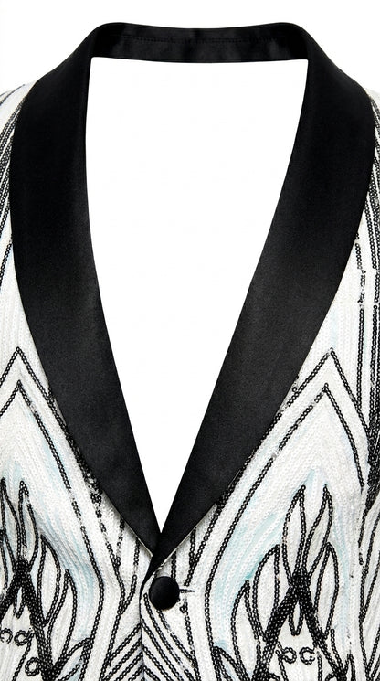 Men’s White and Black Patterned Tuxedo Blazer – Luxury Designer Dinner Jacket for Wedding, Prom and Formal Events New Year Christmas Holiday