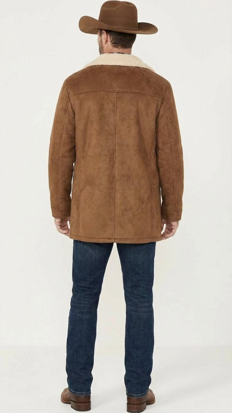 Men’s Brown Western Faux Suede Blazer Coat – Cowboy Style Long Jacket for Wedding, Party and Special Events