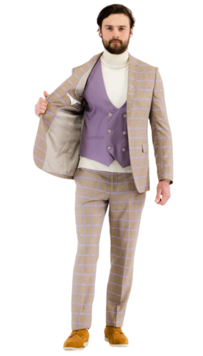 Modern Slim Fit Mens Suit – 2 Button Notch Lapel with U-Shaped Double Breasted Vest