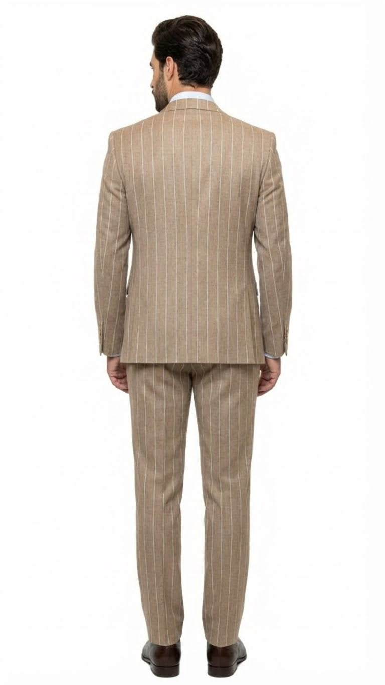 Men's Beige Pinstripe Three-Piece Vested Suit – Tailored Fit  Business Attire in Tan Stripe by Rossiman - Image 2