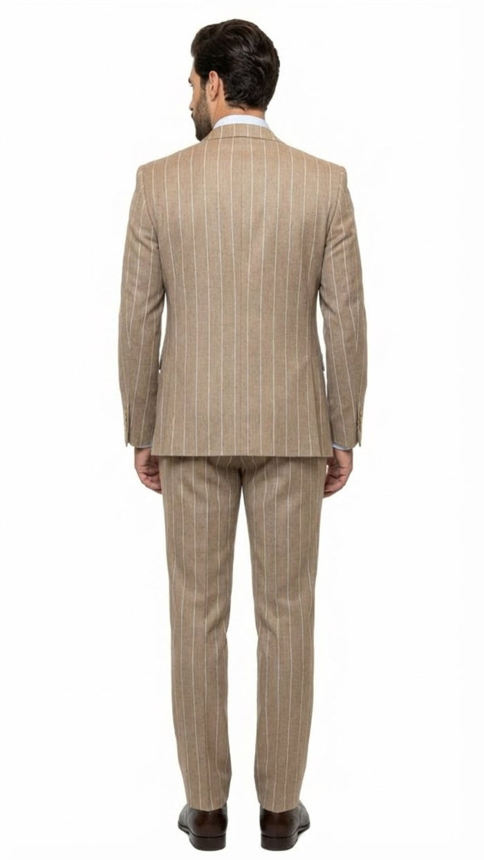 Men's Beige Pinstripe Three-Piece Vested Suit – Tailored Fit  Business Attire in Tan Stripe by Rossiman - Image 2