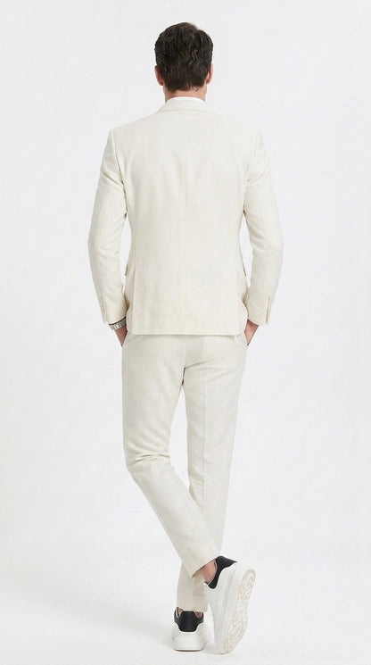 Men’s Ivory Cream Double-Breasted Linen Suit – Off-White Summer Wedding Slim Fitted 2-Piece Suit Cream Color