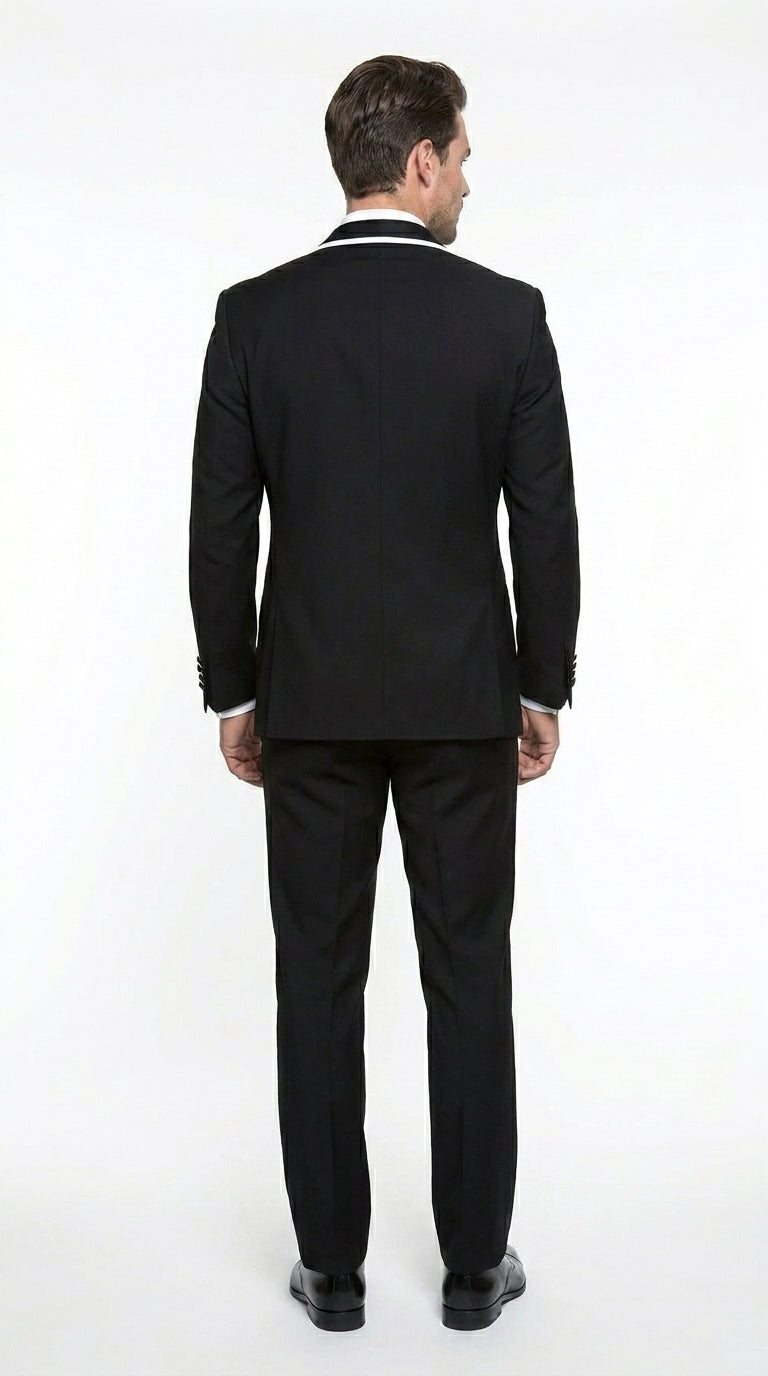 Men’s Black 1 Button Blazer with Shawl Lapel and White Trim, Formal Dinner Jacket Sport Coat
