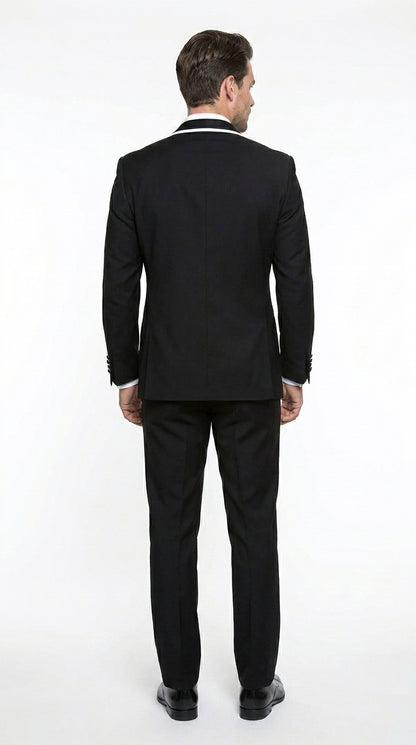 Men’s Black 1 Button Blazer with Shawl Lapel and White Trim, Formal Dinner Jacket Sport Coat