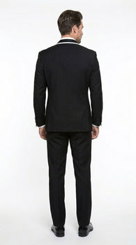 Men’s Black 1 Button Blazer with Shawl Lapel and White Trim, Formal Dinner Jacket Sport Coat