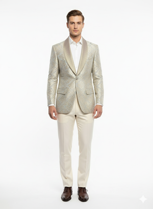Men’s Champaign Silver and Cream Embroidered Luxury Blazer – Floral Pattern Wedding & Party Dinner Jacket in Light Tan Color