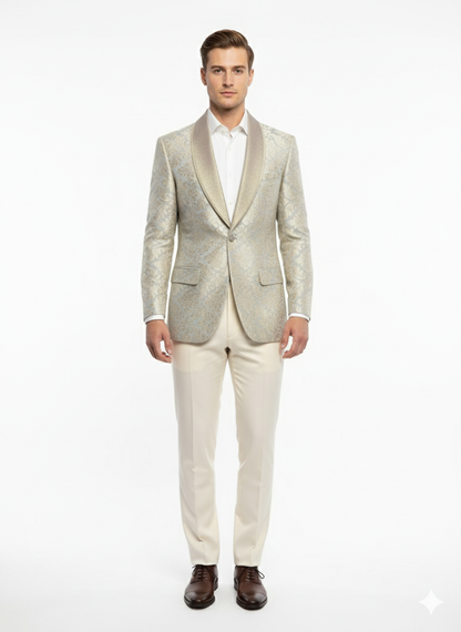 Men’s Champaign Silver and Cream Embroidered Luxury Blazer – Floral Pattern Wedding & Party Dinner Jacket in Light Tan Color