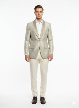 Men’s Champaign Silver and Cream Embroidered Luxury Blazer – Floral Pattern Wedding & Party Dinner Jacket in Light Tan Color