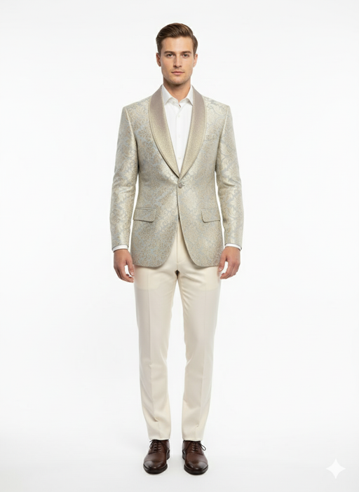 Men’s Champaign Silver and Cream Embroidered Luxury Blazer – Floral Pattern Wedding & Party Dinner Jacket in Light Tan Color