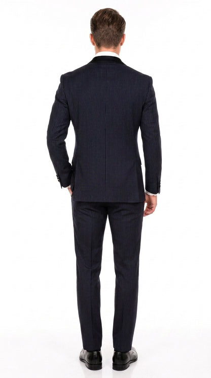 Men’s Navy Blue Double-Breasted Tuxedo – Tone-on-Tone Shadow Pinstripe Formal Wedding and Prom Suit