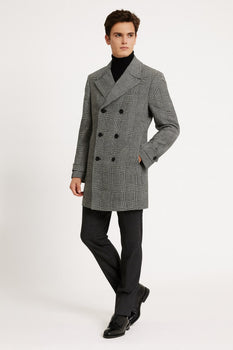 Mens Grey Plaid Double-Breasted Overcoat with Black Faux Fur Collar – Classic Winter Peacoat - Image 2