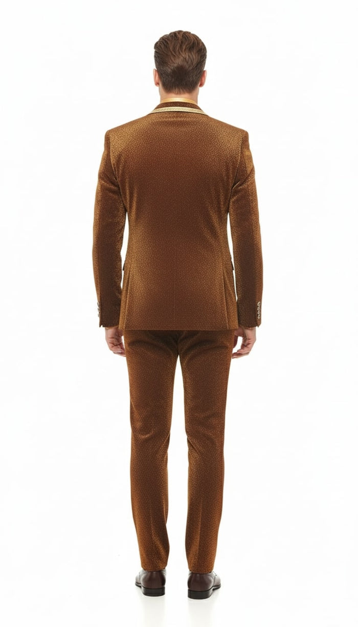 Mens Bronze Shiny Velvet Suit – Designer Party and Wedding Wear Blazer and Pant Set Brown and Gold Tuxedo - Image 4