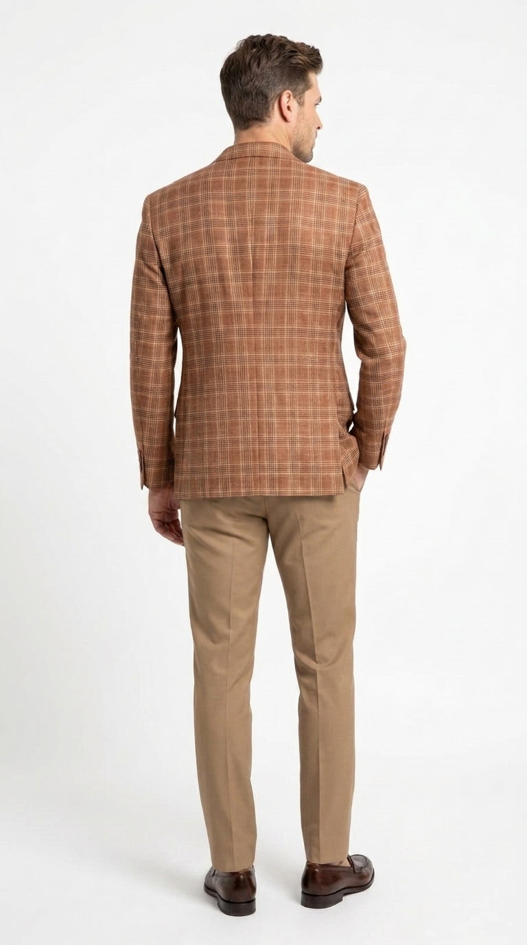 Vitali Men’s Rust Copper Brown Plaid Blazer with Tan Pants – Classic Windowpane, Business and Smart-Casual Birck color  Suit