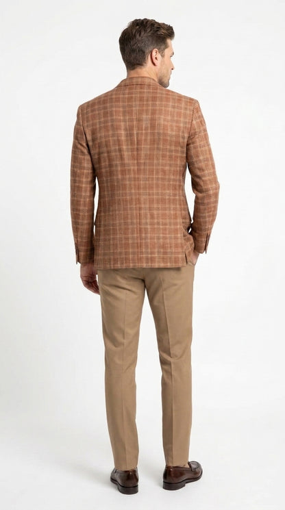 Vitali Men’s Rust Copper Brown Plaid Blazer with Tan Pants – Classic Windowpane, Business and Smart-Casual Birck color  Suit