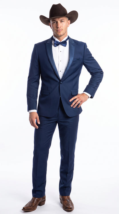 Men’s Saphire Indigo Blue Western Tuxedo Suit, Formal Wedding Prom Cowboy Tuxedo with Blue