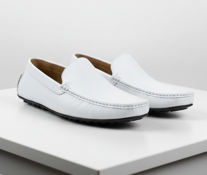 Mens Mundo White Leather Loafers – Classic Slip-On Dress Shoes for Casual and Formal Wear