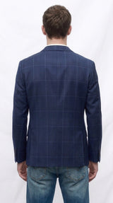 Men’s Navy Blue Plaid Wool Blazer – English Style Textured Wool Winter Sport Coat Windowpane pattern