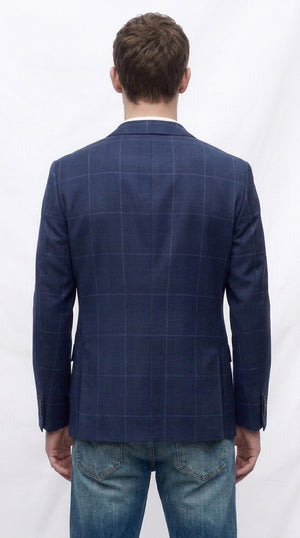 Men’s Navy Blue Plaid Wool Blazer – English Style Textured Wool Winter Sport Coat Windowpane pattern