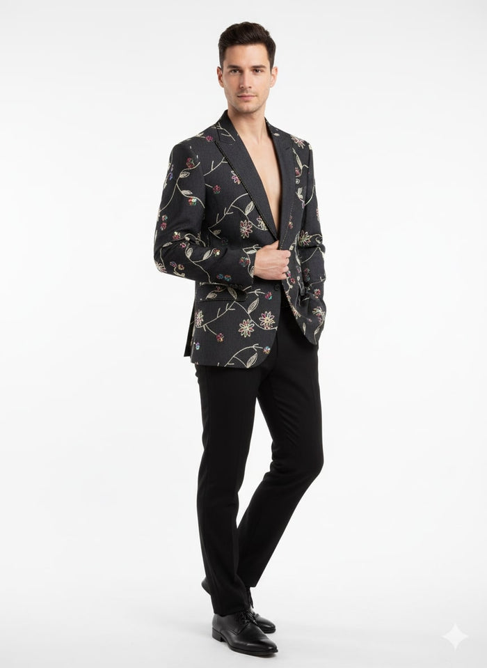 Luxury Black Floral Embroidered Blazer for Men – Designer Party and Wedding Wear Jacket - Image 2