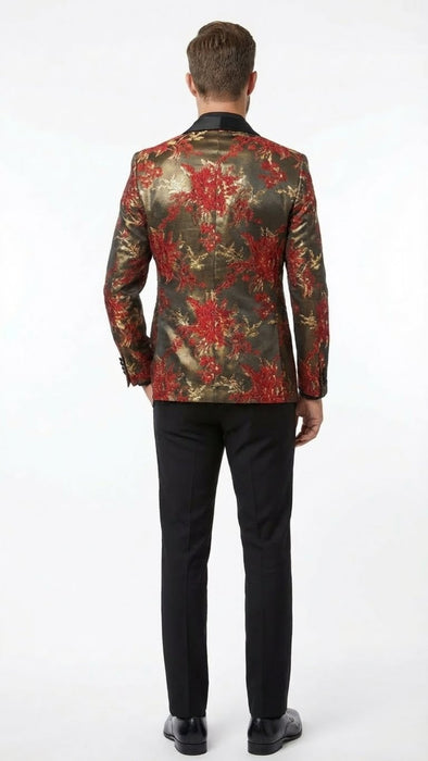 Men’s Red and Gold Floral Pattern Paisley  Shawl Lapel | Luxury Evening and Party Wear Jacket Prom Christmas New Year Blazer