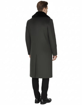 Mens Full Length Olive Overcoat with Black Fur Collar – Luxury Wool Fabric Winter Long Coat in Hunter Green - Image 2