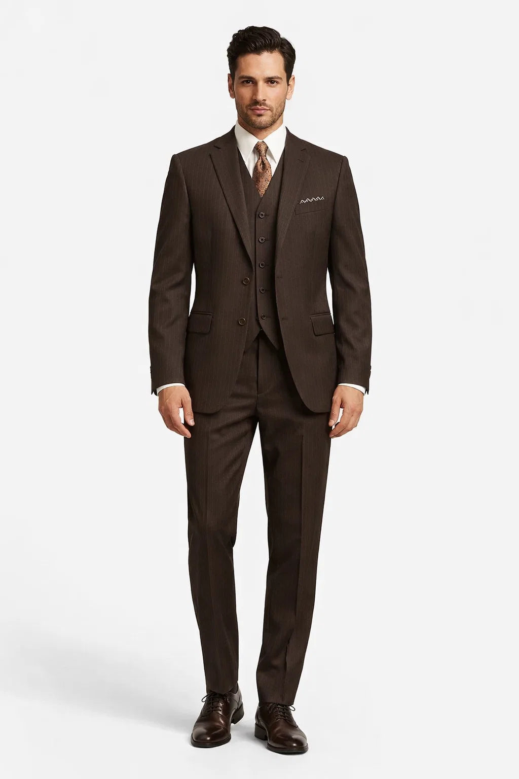 Classic Vested 3 Pieces 2 Button Dark Brown Stripe ~ Pinstripe Men's Suit  Discounted Sale