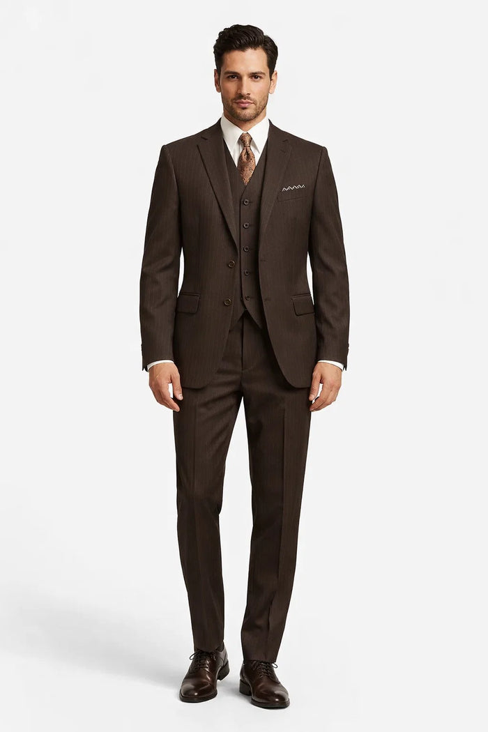 Classic Vested 3 Pieces 2 Button Dark Brown Stripe ~ Pinstripe Men's Suit  Discounted Sale