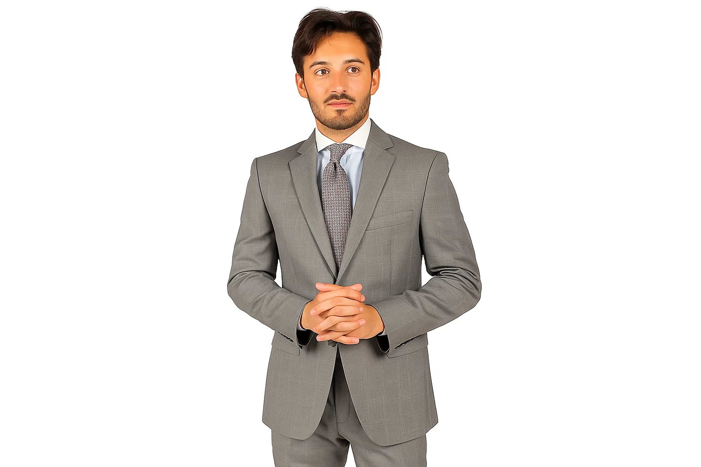 2 Button Slim Fitted Light Grey Subtle Glen Plaid Men's Cheap Priced Business Suits Clearance Sale - Image 2