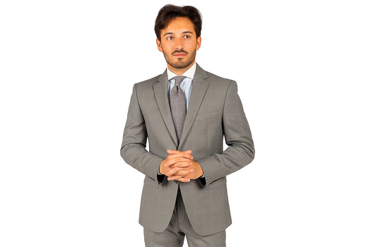 2 Button Slim Fitted Light Grey Subtle Glen Plaid Men's Cheap Priced Business Suits Clearance Sale - Image 2