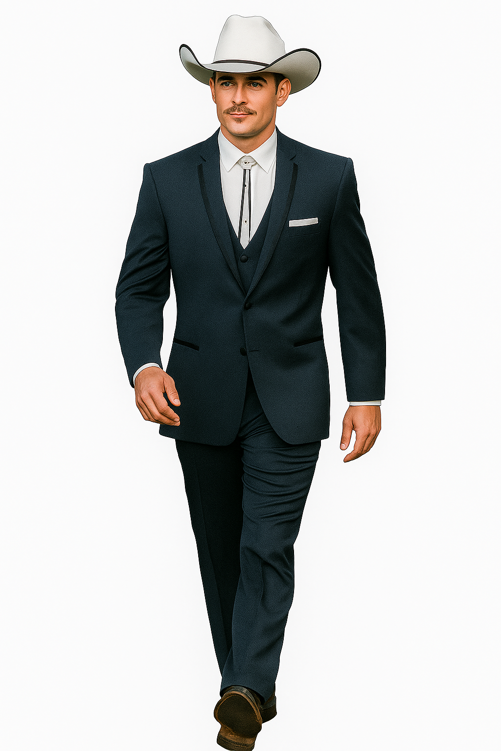 2 Button Vested Satin Trim Lapel Cowboy Tuxedo in Navy - Image 5